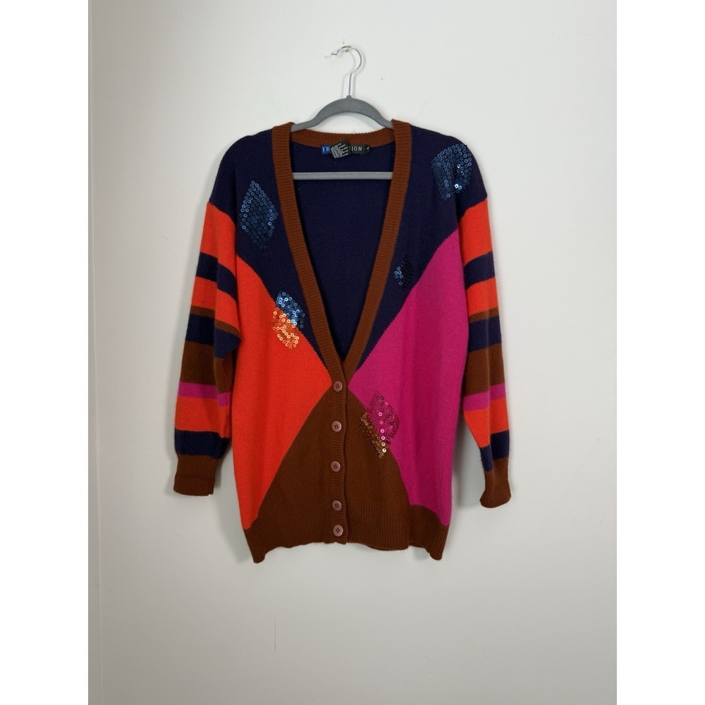 90s IB Diffusion Sequin Color Block Cardigan Lambswool Angora Eclectic Sz S